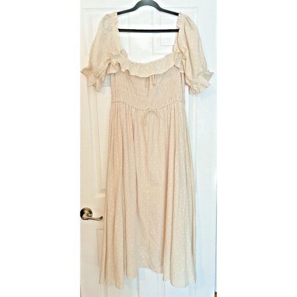 Smocked ruffle peasant square neck dress xl 16/18 Cottagecore cream polka dot - Picture 1 of 11